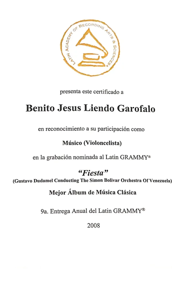 Mejor Album de Musica Clasica Benito Liendo Latin Grammy